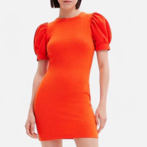 Desigual Coral Ribbed Knit Puff-Sleeve Mini Dress – Artsy Euro-Girl Chic M NWT - Picture 2 of 8
